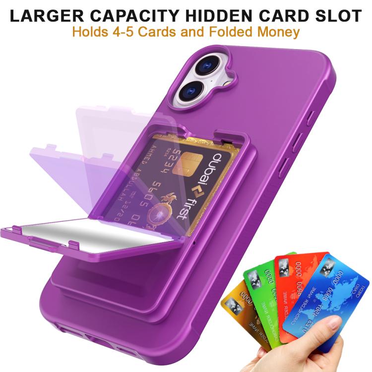 For iPhone 16 Skin Feel TPU Hidden Mirror Card Bag Phone Case with Stand