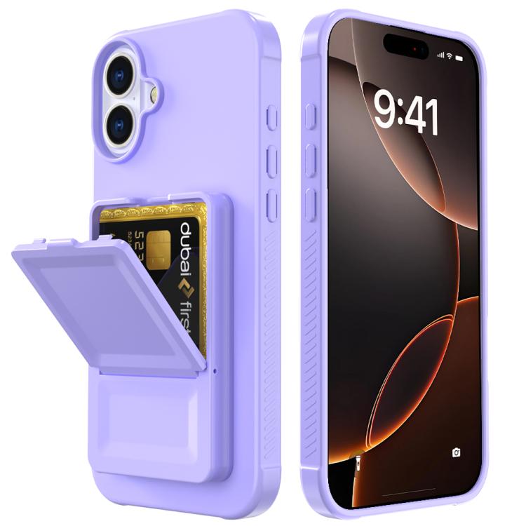 For iPhone 16 Skin Feel TPU Hidden Mirror Card Bag Phone Case with Stand