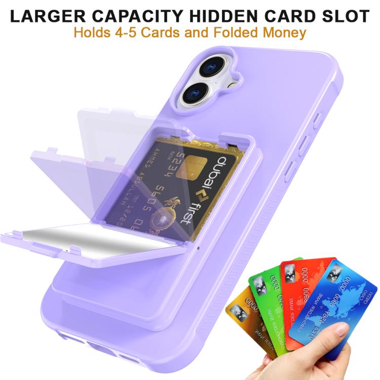 For iPhone 16 Skin Feel TPU Hidden Mirror Card Bag Phone Case with Stand
