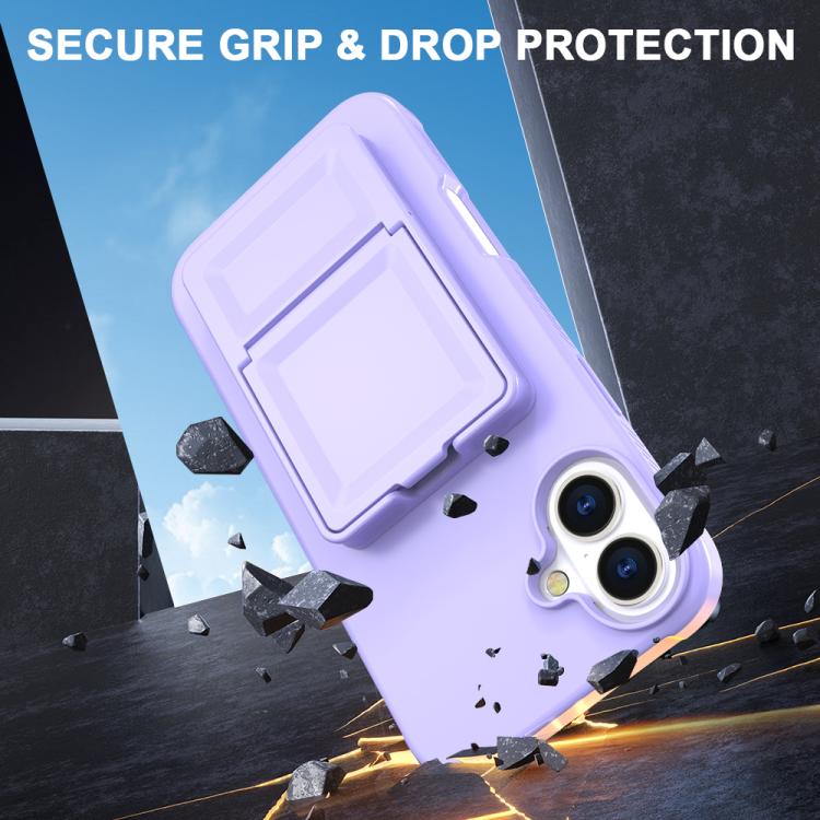 For iPhone 16 Skin Feel TPU Hidden Mirror Card Bag Phone Case with Stand