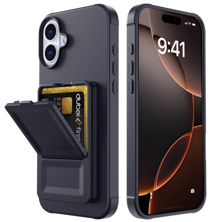 For iPhone 16 Skin Feel TPU Hidden Mirror Card Bag Phone Case with Stand