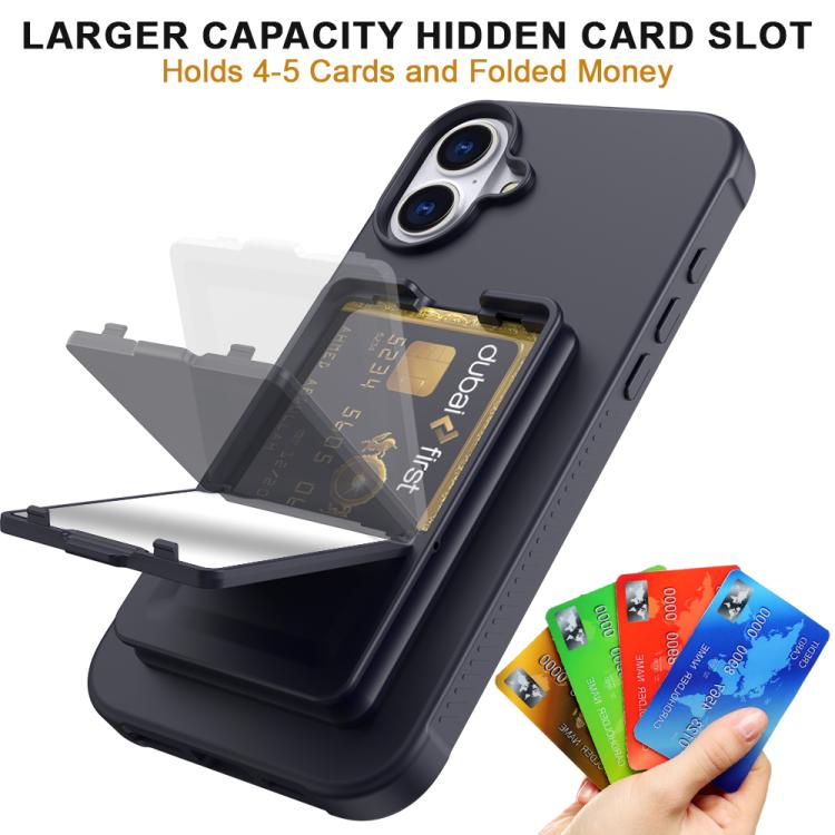 For iPhone 16 Skin Feel TPU Hidden Mirror Card Bag Phone Case with Stand