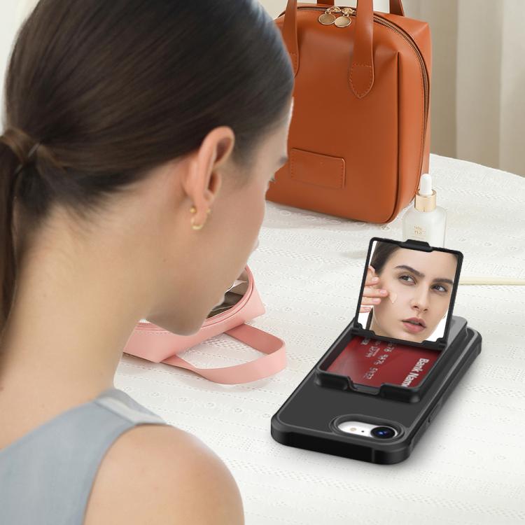 For iPhone 17e / 16e Skin Feel TPU Hidden Mirror Card Bag Phone Case with Stand