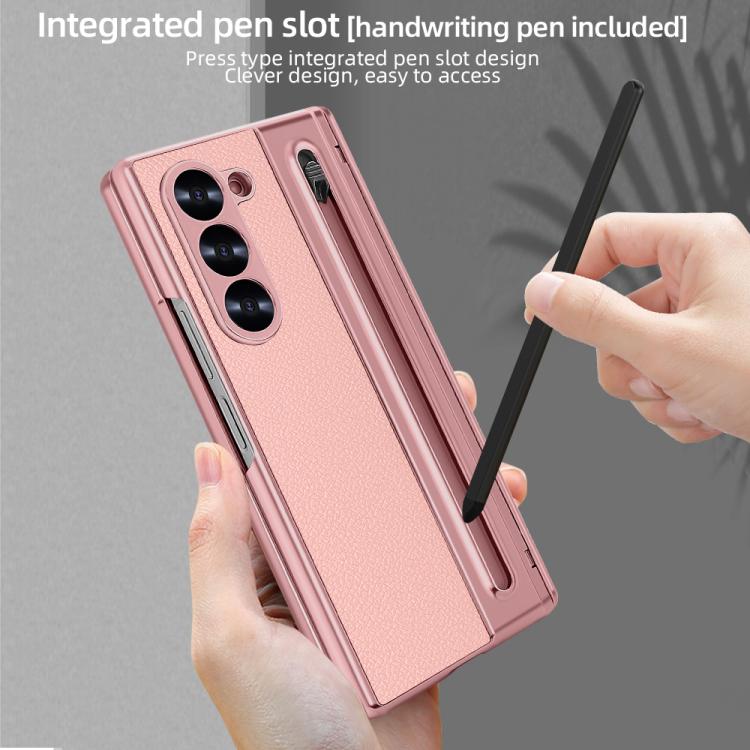 For Samsung Galaxy Z Fold6 5G Integrated Electroplated Plain Leather Pen Slot Center Axis Folding Phone Case with Stylus