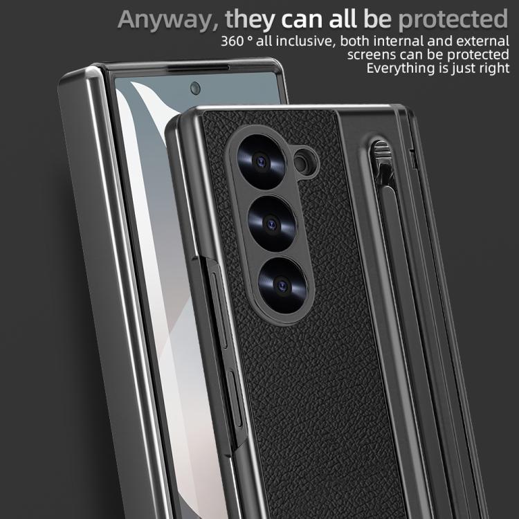 For Samsung Galaxy Z Fold6 5G Integrated Electroplated Plain Leather Pen Slot Center Axis Folding Phone Case with Stylus