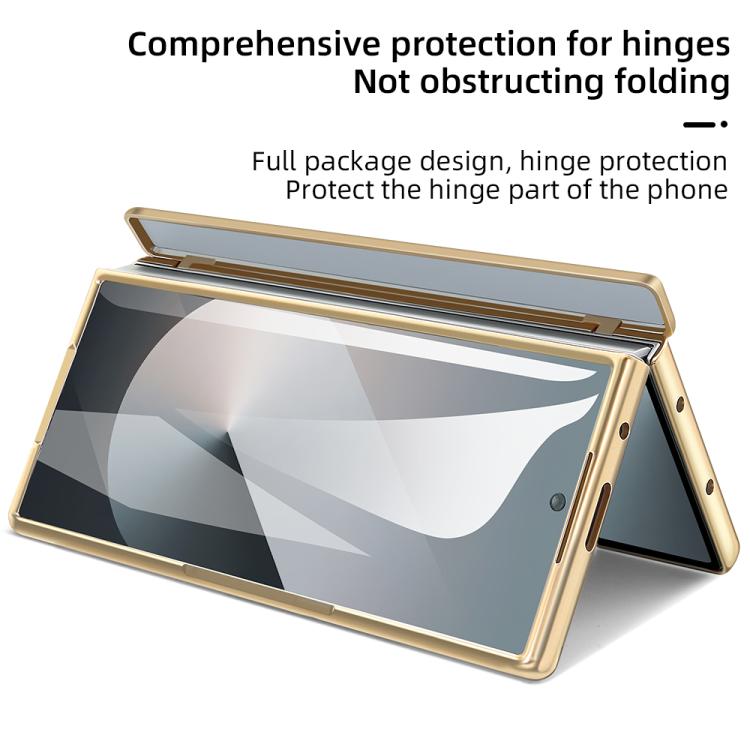 For Samsung Galaxy Z Fold6 5G Integrated Electroplated Plain Leather Pen Slot Center Axis Folding Phone Case with Stylus