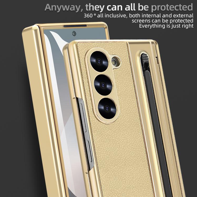 For Samsung Galaxy Z Fold6 5G Integrated Electroplated Plain Leather Pen Slot Center Axis Folding Phone Case with Stylus
