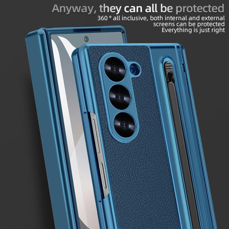 For Samsung Galaxy Z Fold6 5G Integrated Electroplated Plain Leather Pen Slot Center Axis Folding Phone Case with Stylus