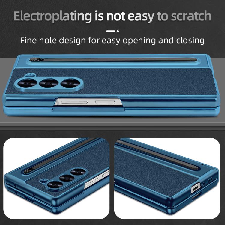 For Samsung Galaxy Z Fold6 5G Integrated Electroplated Plain Leather Pen Slot Center Axis Folding Phone Case with Stylus