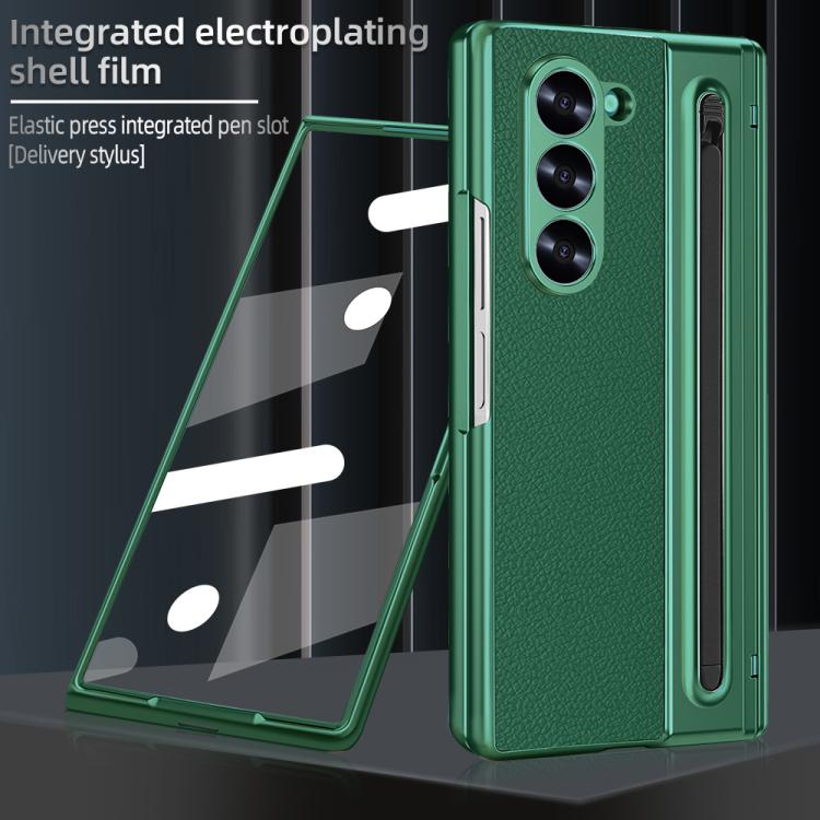 For Samsung Galaxy Z Fold6 5G Integrated Electroplated Plain Leather Pen Slot Center Axis Folding Phone Case with Stylus