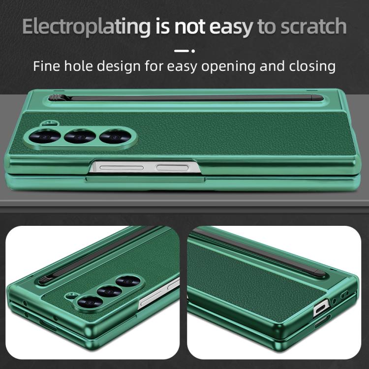 For Samsung Galaxy Z Fold6 5G Integrated Electroplated Plain Leather Pen Slot Center Axis Folding Phone Case with Stylus