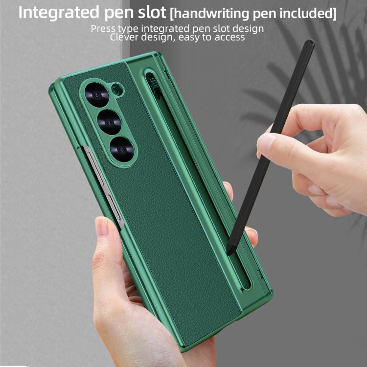For Samsung Galaxy Z Fold6 5G Integrated Electroplated Plain Leather Pen Slot Center Axis Folding Phone Case with Stylus