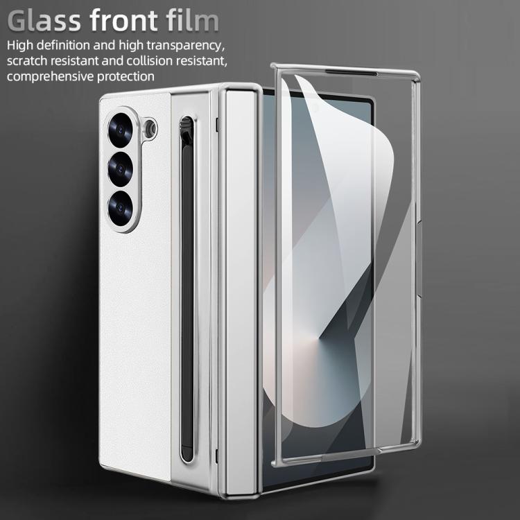 For Samsung Galaxy Z Fold5 5G Integrated Electroplated Plain Leather Pen Slot Center Axis Folding Phone Case with Stylus