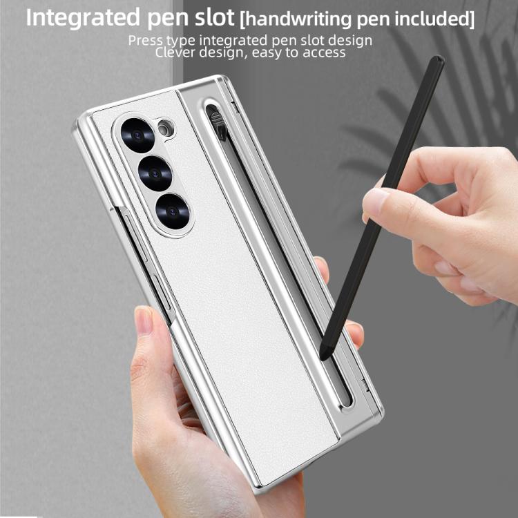For Samsung Galaxy Z Fold5 5G Integrated Electroplated Plain Leather Pen Slot Center Axis Folding Phone Case with Stylus