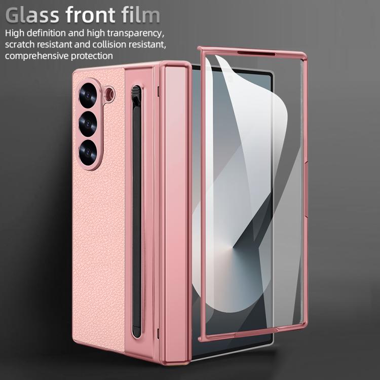 For Samsung Galaxy Z Fold5 5G Integrated Electroplated Plain Leather Pen Slot Center Axis Folding Phone Case with Stylus