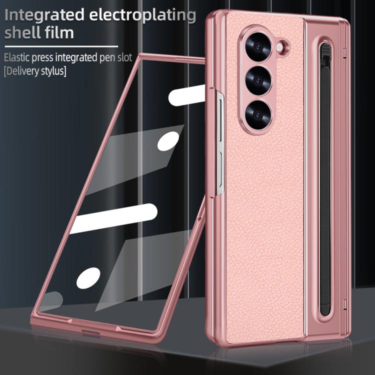 For Samsung Galaxy Z Fold5 5G Integrated Electroplated Plain Leather Pen Slot Center Axis Folding Phone Case with Stylus