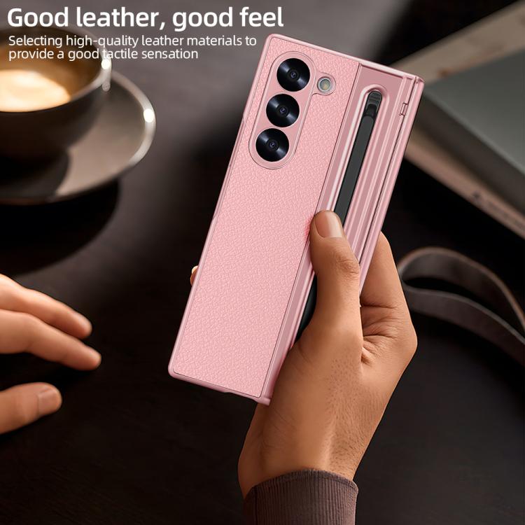 For Samsung Galaxy Z Fold5 5G Integrated Electroplated Plain Leather Pen Slot Center Axis Folding Phone Case with Stylus