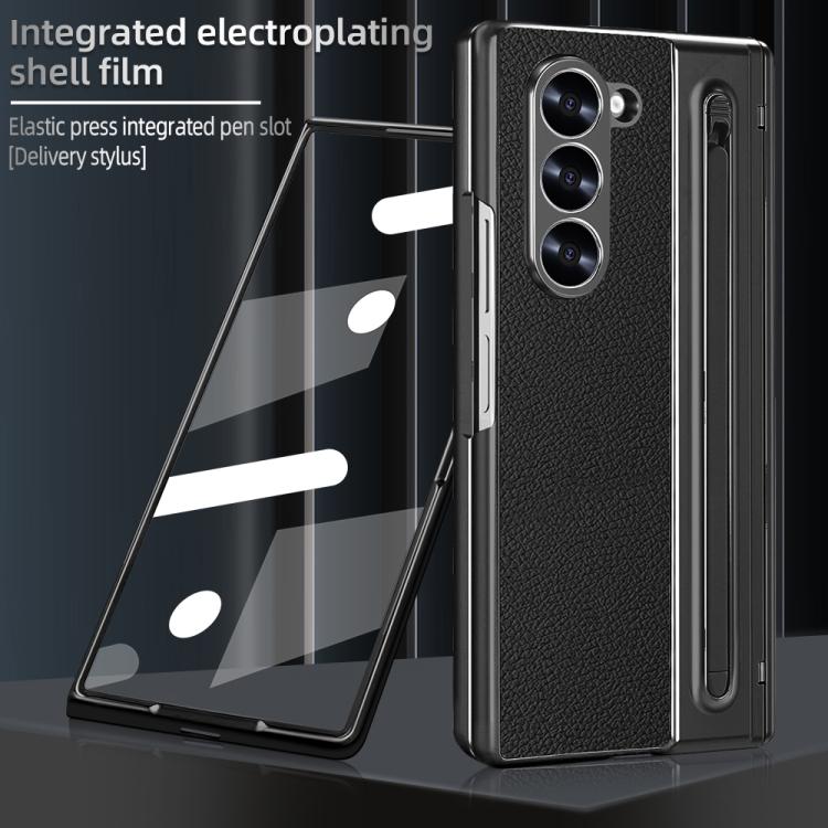 For Samsung Galaxy Z Fold5 5G Integrated Electroplated Plain Leather Pen Slot Center Axis Folding Phone Case with Stylus
