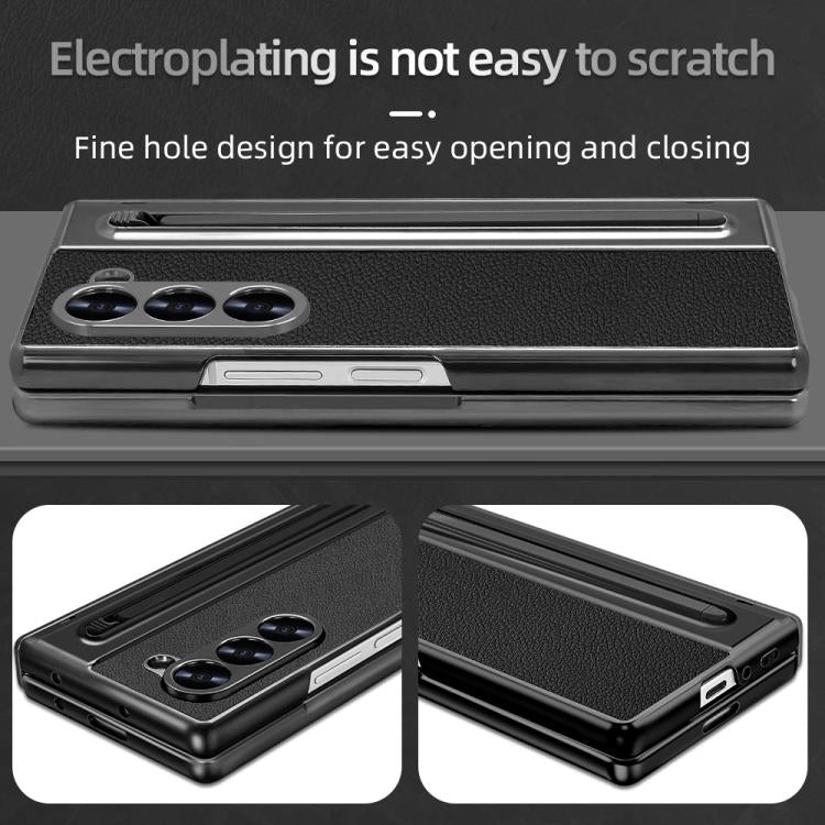 For Samsung Galaxy Z Fold5 5G Integrated Electroplated Plain Leather Pen Slot Center Axis Folding Phone Case with Stylus