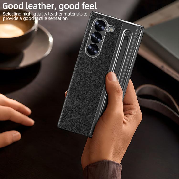 For Samsung Galaxy Z Fold5 5G Integrated Electroplated Plain Leather Pen Slot Center Axis Folding Phone Case with Stylus
