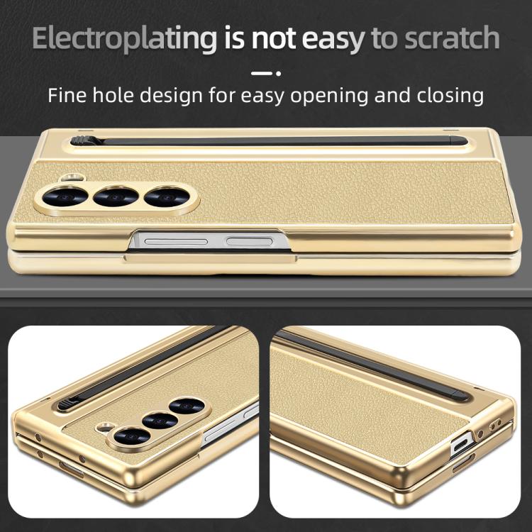 For Samsung Galaxy Z Fold5 5G Integrated Electroplated Plain Leather Pen Slot Center Axis Folding Phone Case with Stylus