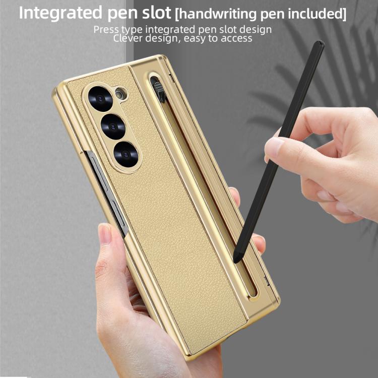 For Samsung Galaxy Z Fold5 5G Integrated Electroplated Plain Leather Pen Slot Center Axis Folding Phone Case with Stylus