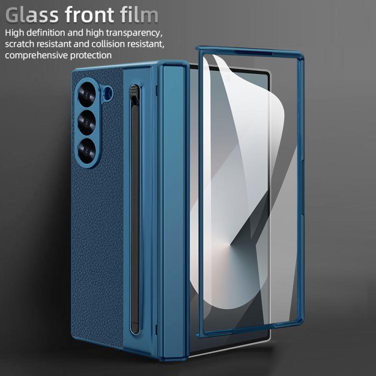 For Samsung Galaxy Z Fold5 5G Integrated Electroplated Plain Leather Pen Slot Center Axis Folding Phone Case with Stylus