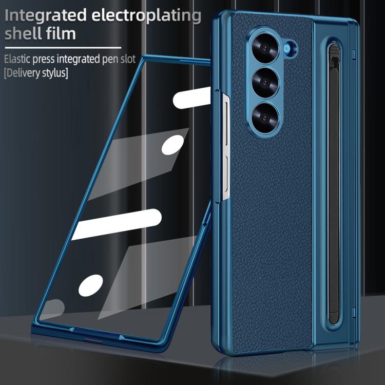 For Samsung Galaxy Z Fold5 5G Integrated Electroplated Plain Leather Pen Slot Center Axis Folding Phone Case with Stylus