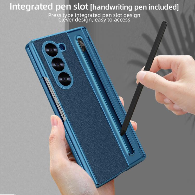 For Samsung Galaxy Z Fold5 5G Integrated Electroplated Plain Leather Pen Slot Center Axis Folding Phone Case with Stylus