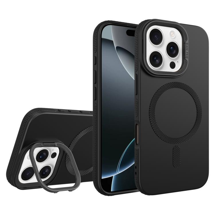 For iPhone 16 Pro Diamond Texture Lens Holder Skin Feel MagSafe Phone Case