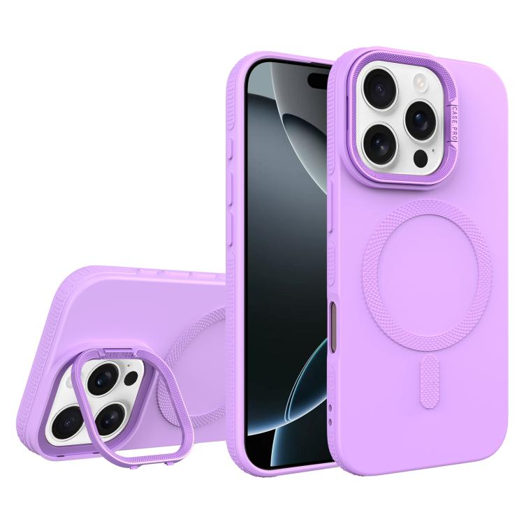 For iPhone 16 Pro Diamond Texture Lens Holder Skin Feel MagSafe Phone Case