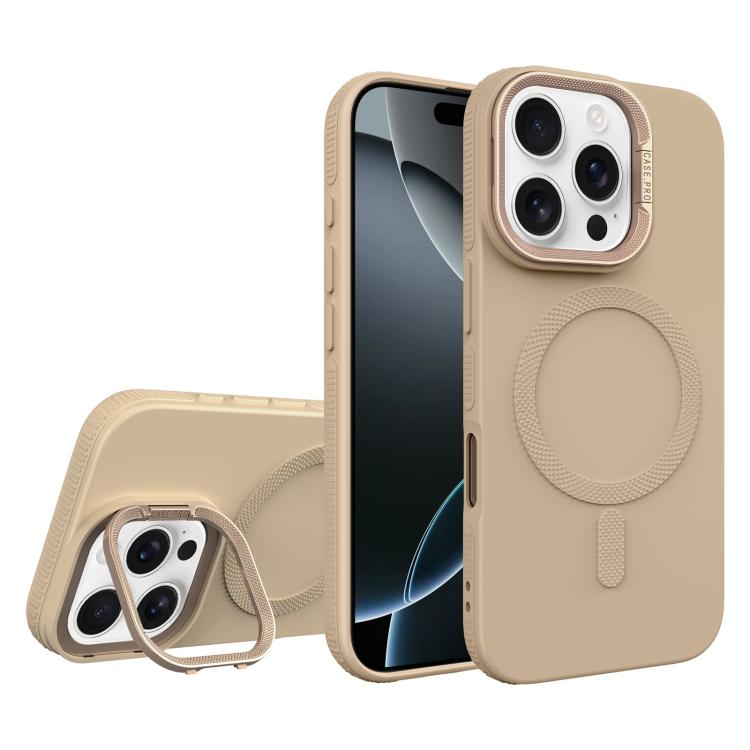 For iPhone 16 Pro Diamond Texture Lens Holder Skin Feel MagSafe Phone Case
