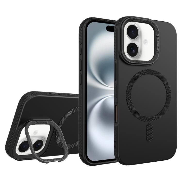 For iPhone 16 Diamond Texture Lens Holder Skin Feel MagSafe Phone Case