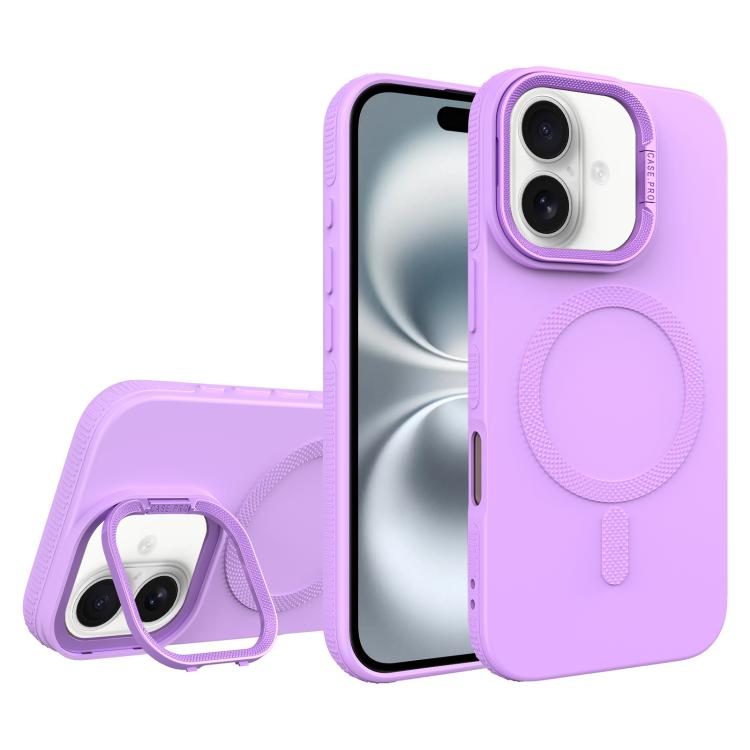 For iPhone 16 Diamond Texture Lens Holder Skin Feel MagSafe Phone Case