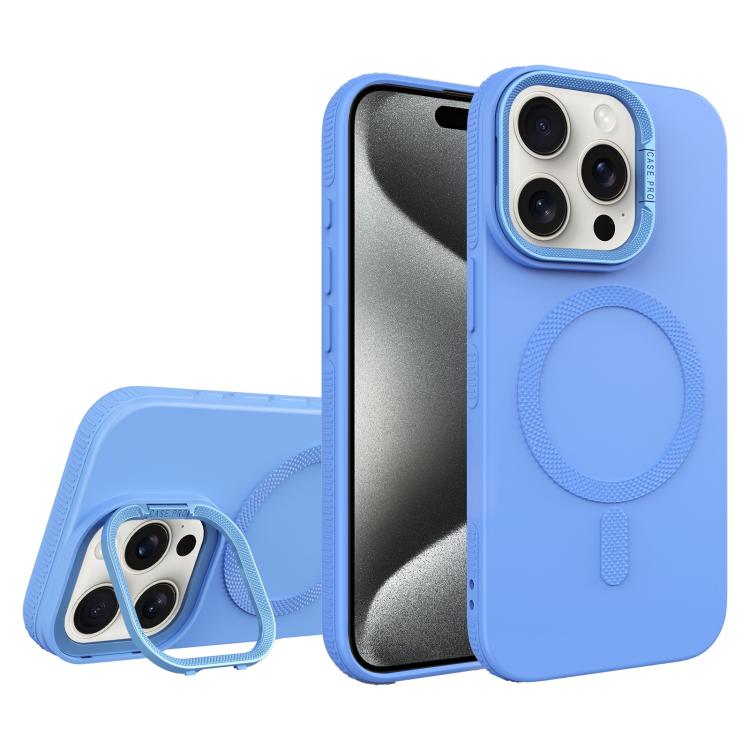 For iPhone 15 Pro Max Diamond Texture Lens Holder Skin Feel MagSafe Phone Case