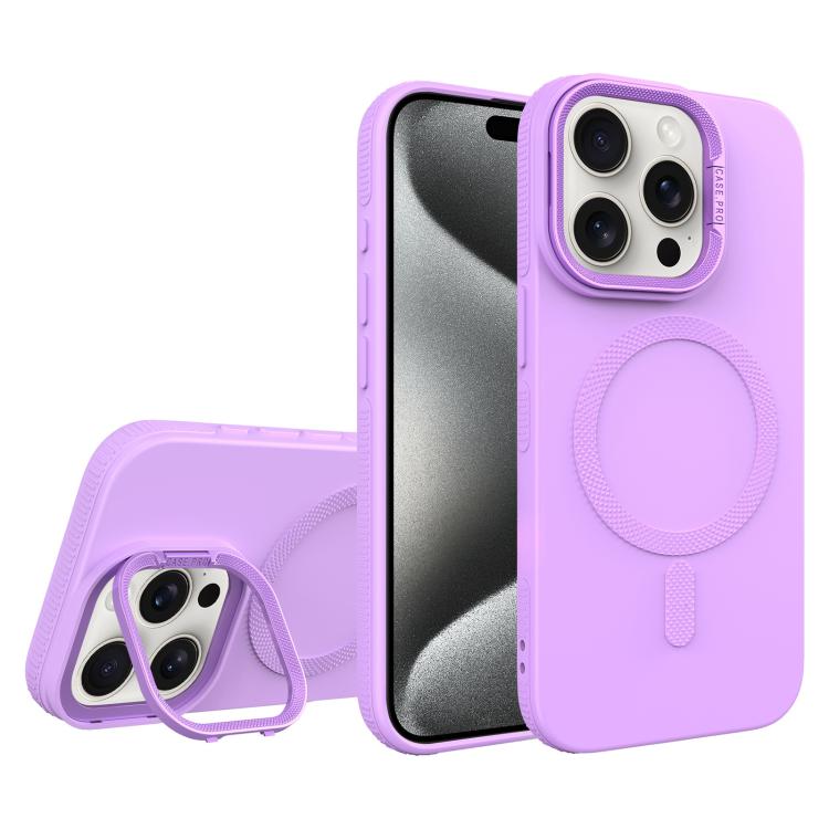 For iPhone 15 Pro Diamond Texture Lens Holder Skin Feel MagSafe Phone Case