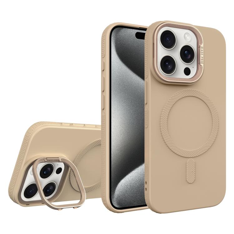 For iPhone 15 Pro Diamond Texture Lens Holder Skin Feel MagSafe Phone Case
