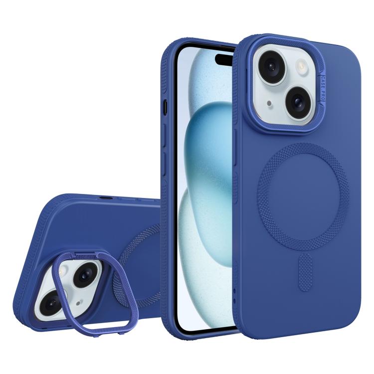 For iPhone 15 Plus Diamond Texture Lens Holder Skin Feel MagSafe Phone Case