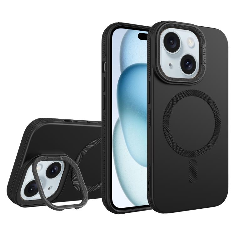 For iPhone 15 Plus Diamond Texture Lens Holder Skin Feel MagSafe Phone Case