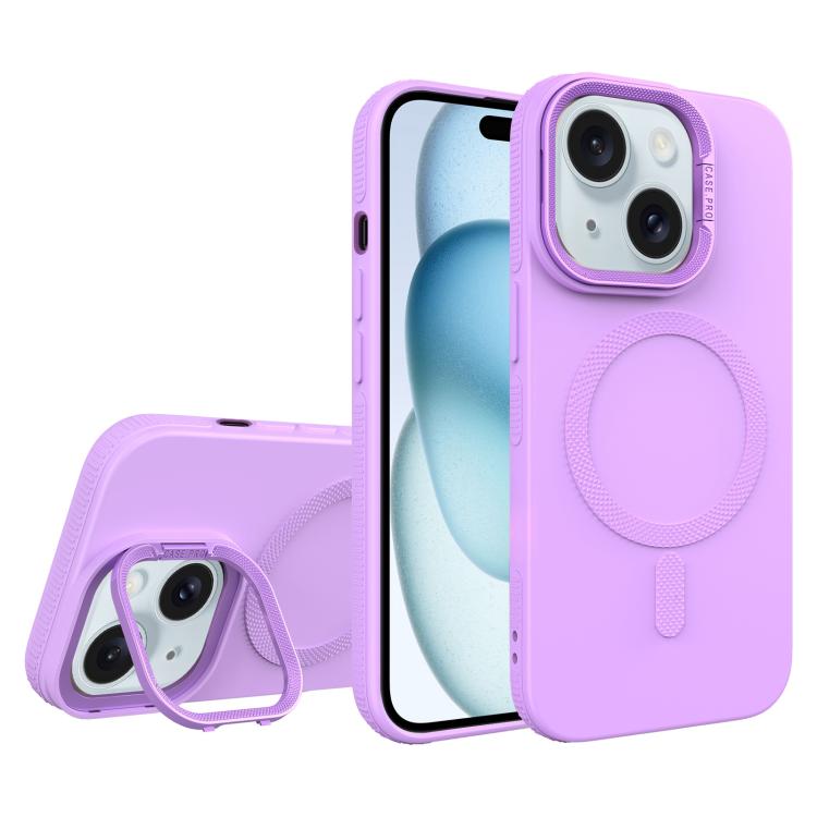 For iPhone 15 Plus Diamond Texture Lens Holder Skin Feel MagSafe Phone Case