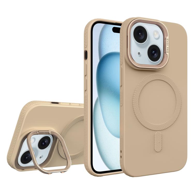 For iPhone 15 Plus Diamond Texture Lens Holder Skin Feel MagSafe Phone Case