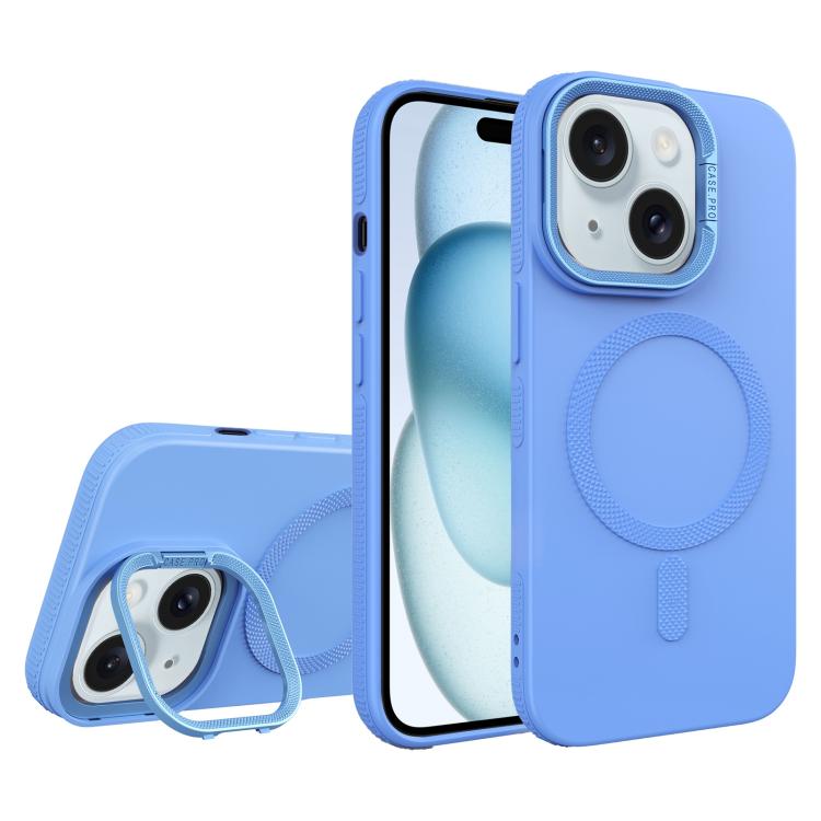 For iPhone 15 Plus Diamond Texture Lens Holder Skin Feel MagSafe Phone Case