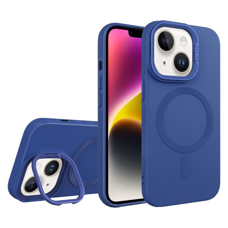For iPhone 14 Plus Diamond Texture Lens Holder Skin Feel MagSafe Phone Case