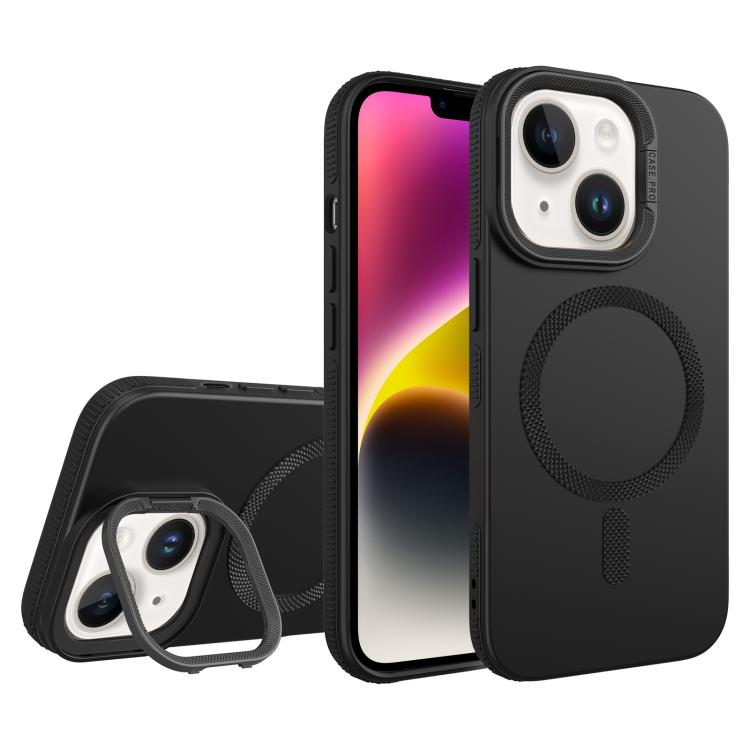 For iPhone 14 Plus Diamond Texture Lens Holder Skin Feel MagSafe Phone Case