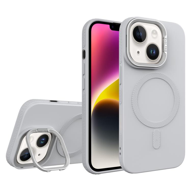 For iPhone 14 Plus Diamond Texture Lens Holder Skin Feel MagSafe Phone Case