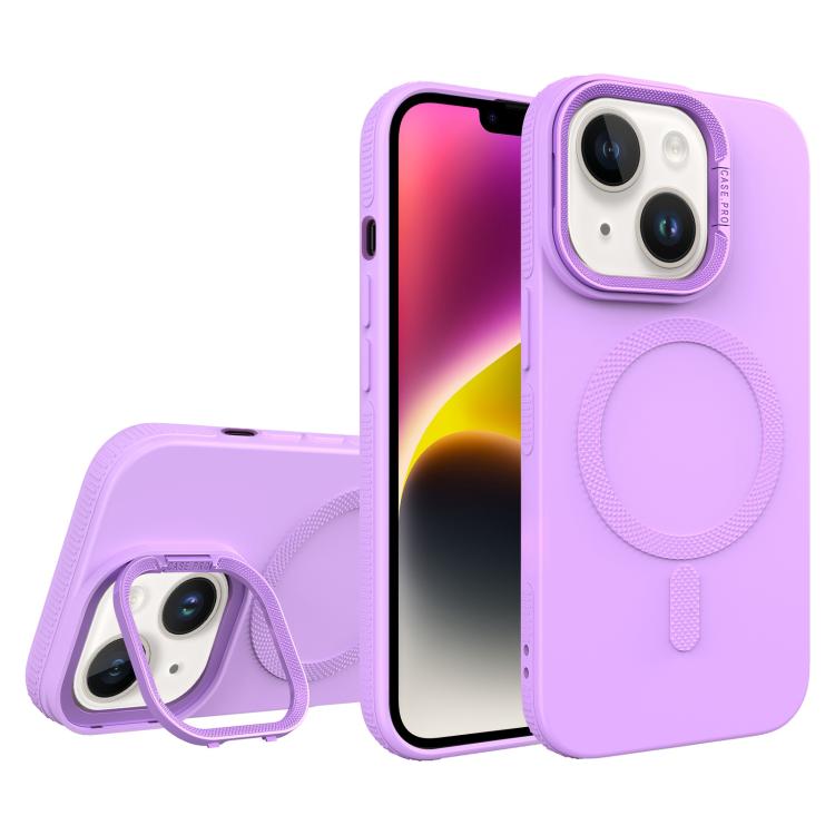 For iPhone 14 Plus Diamond Texture Lens Holder Skin Feel MagSafe Phone Case