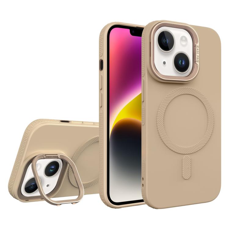 For iPhone 14 Plus Diamond Texture Lens Holder Skin Feel MagSafe Phone Case