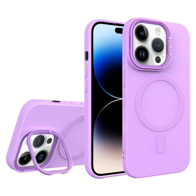 For iPhone 14 Pro Diamond Texture Lens Holder Skin Feel MagSafe Phone Case