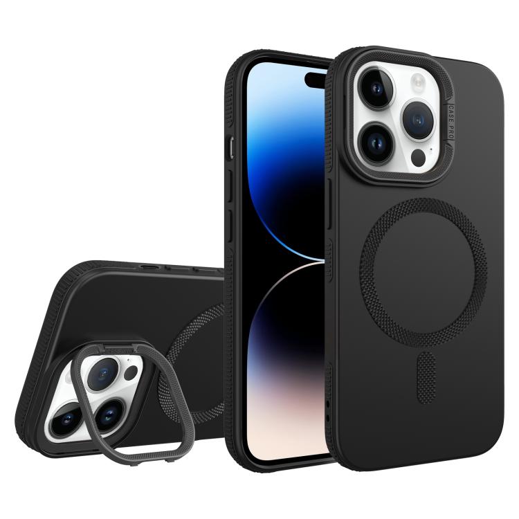 For iPhone 14 Pro Max Diamond Texture Lens Holder Skin Feel MagSafe Phone Case