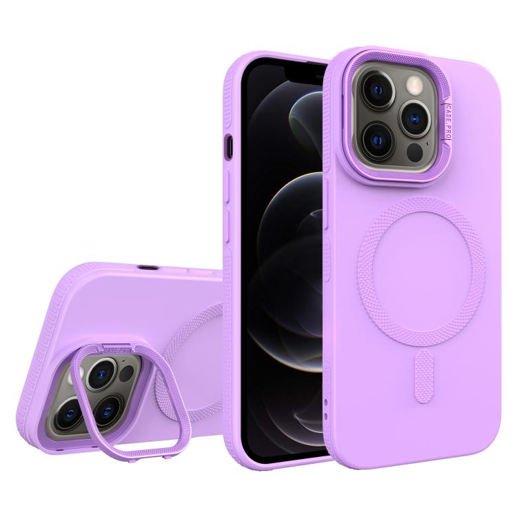 For iPhone 12 Pro Diamond Texture Lens Holder Skin Feel MagSafe Phone Case